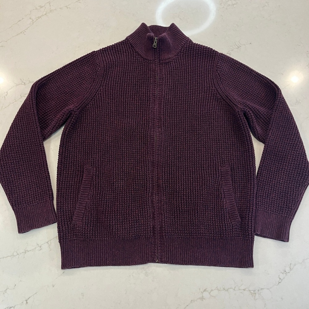 LL Bean Full Zip Waffle Sweater‎ Mens Large Plum Burgundy Organic Cotton Pockets